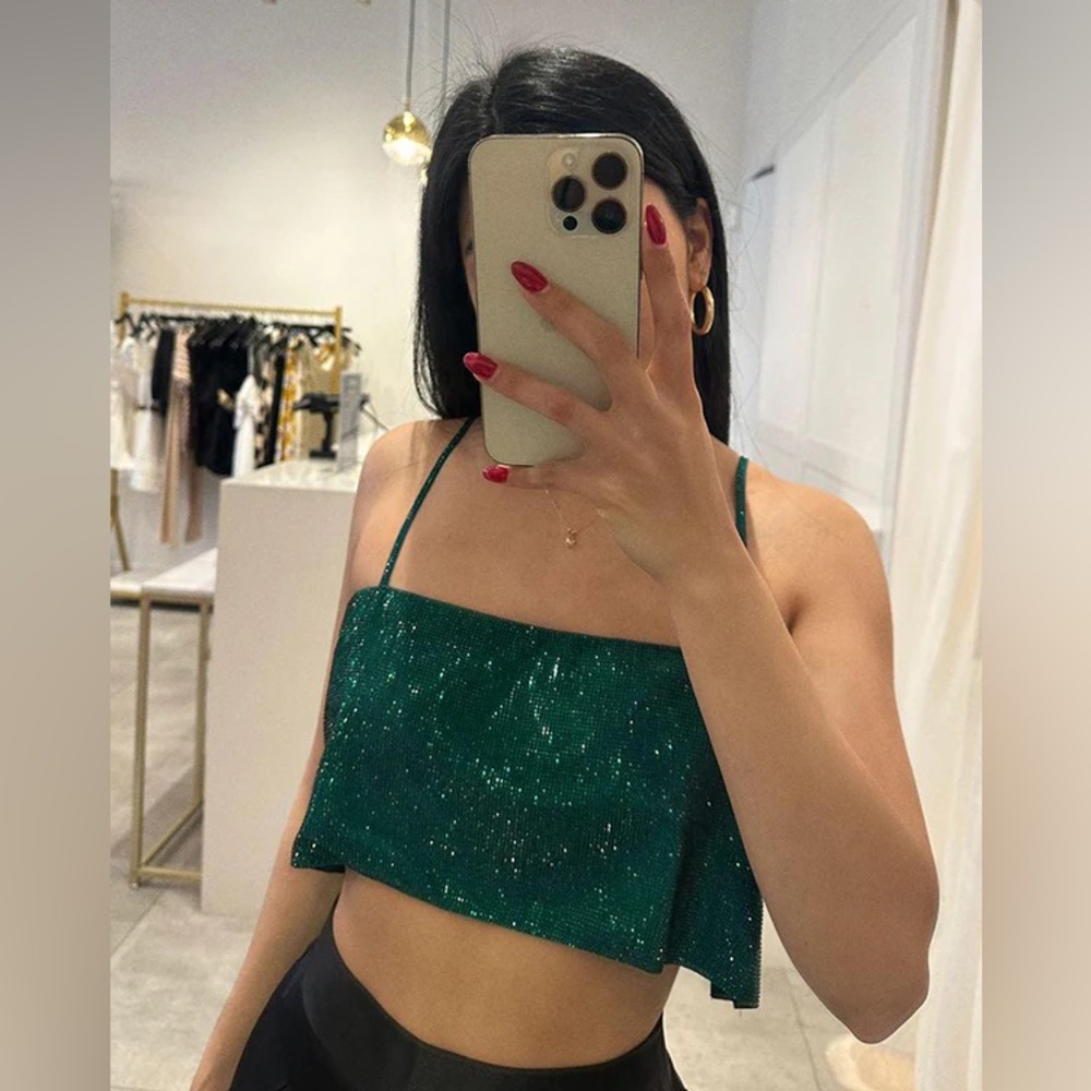 GLAM Rhinestone Embellished Crystal Crop Top in Green